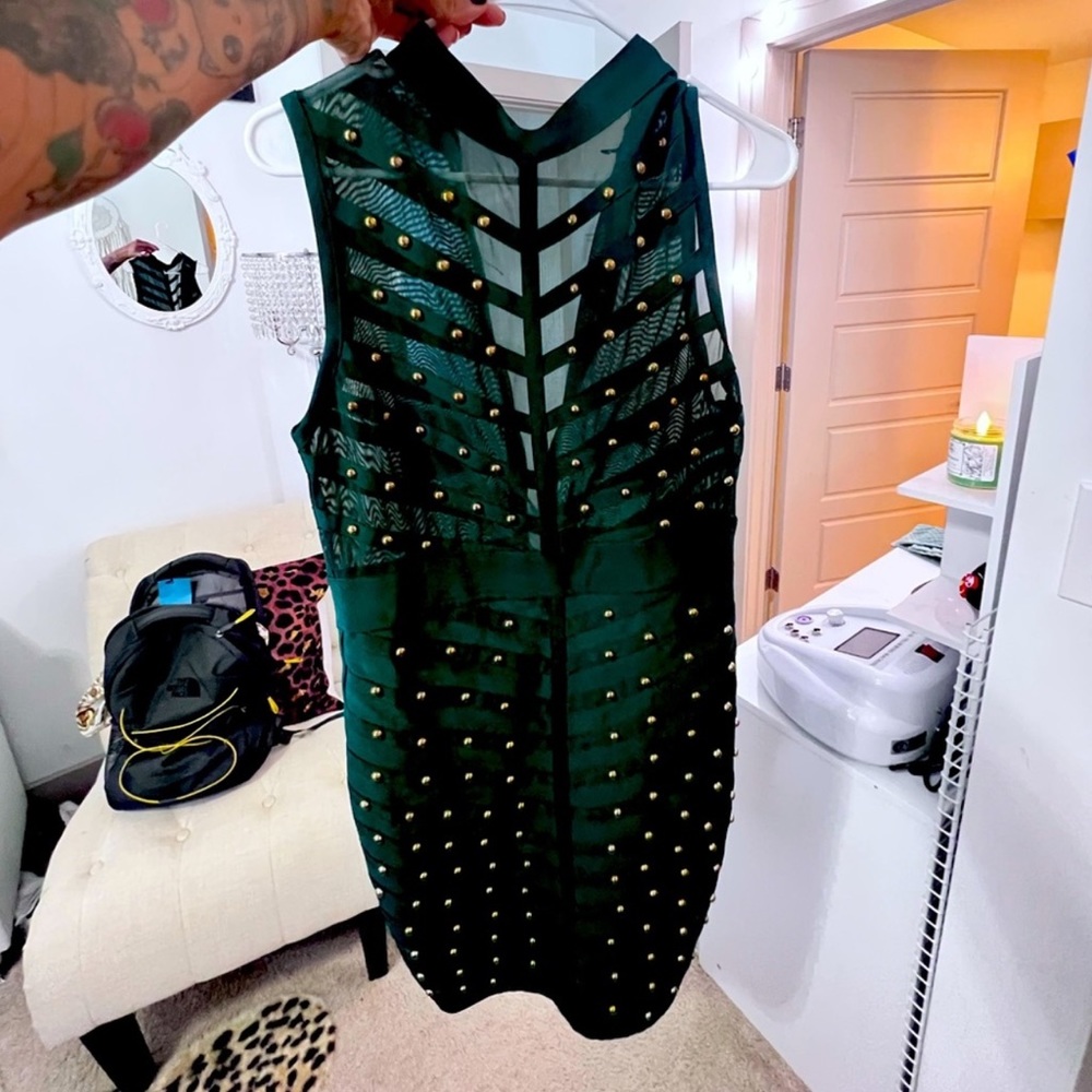 Dark Green Studded Sleeveless Bodycon Dress
